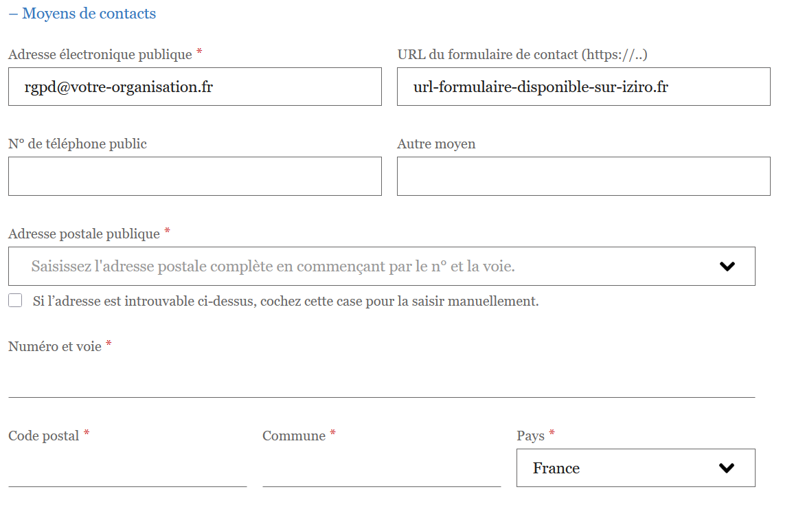 Formulaire CNIL, saisie des coordonnées publiques du délégué à la protection des données